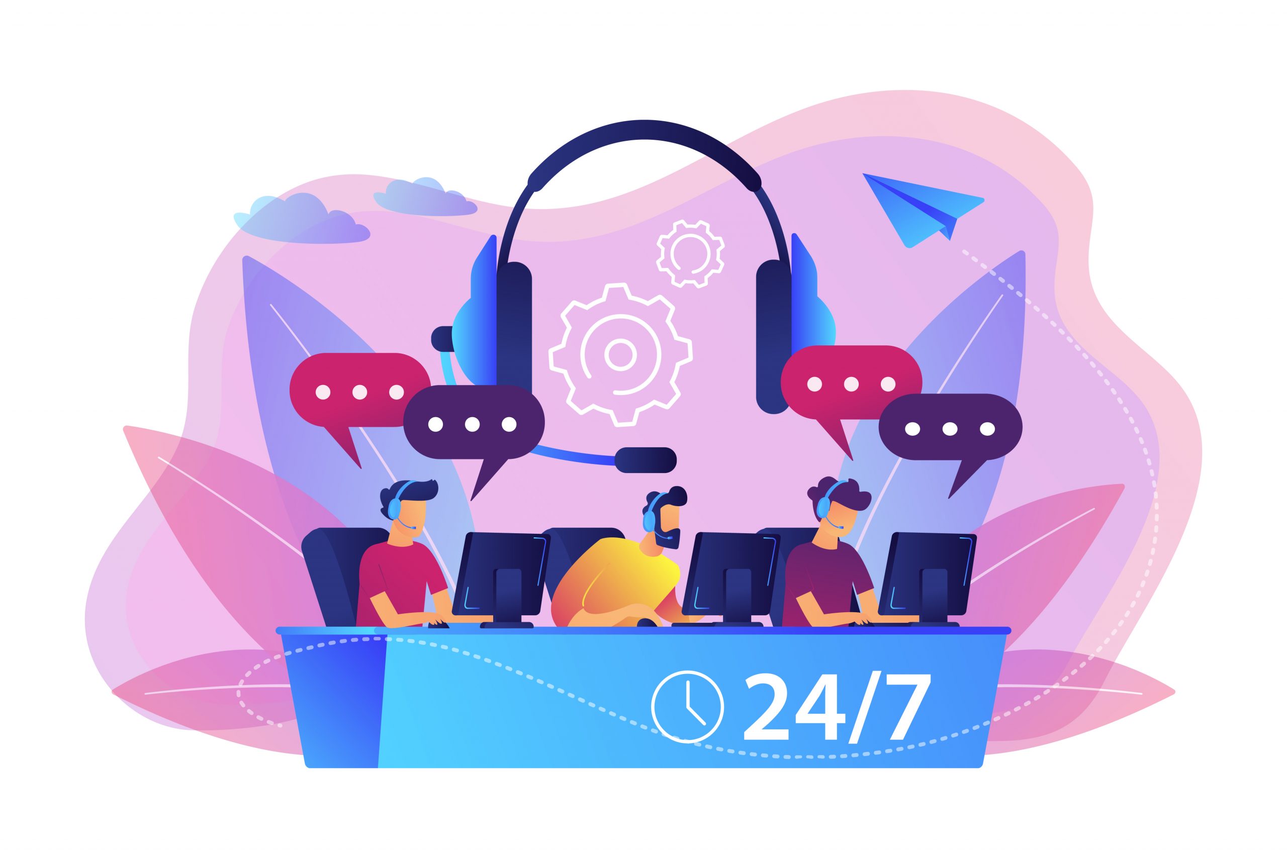 Customer service operators with headsets at computers consulting clients 24 for 7. Call center, handling call system, virtual call center concept. Bright vibrant violet vector isolated illustration