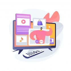 Paid programming idea. Commerce broadcasting. Smart television, remote tv controller. Infomercial, television commercial, modern teleshopping. Vector isolated concept metaphor illustration